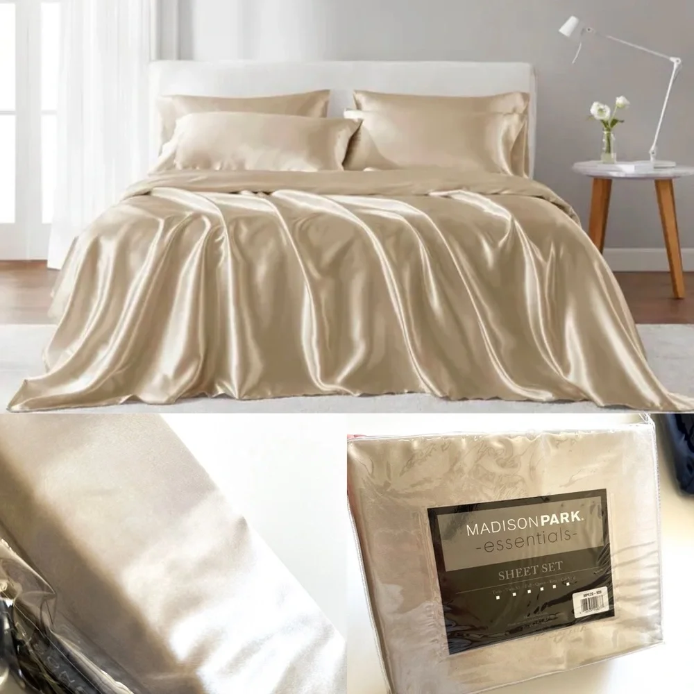Madison Park Satin Champagne King Sheet Set 1 Flat 1 Fitted & 4 Pillowcases NWT